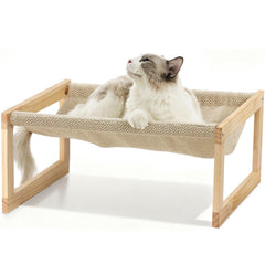 FUKUMARU elevated cat bed with wooden frame and hammock surface for cozy support.