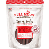 Full Moon Essential Beef Sticks bag showcases natural dog treats for daily rewards.