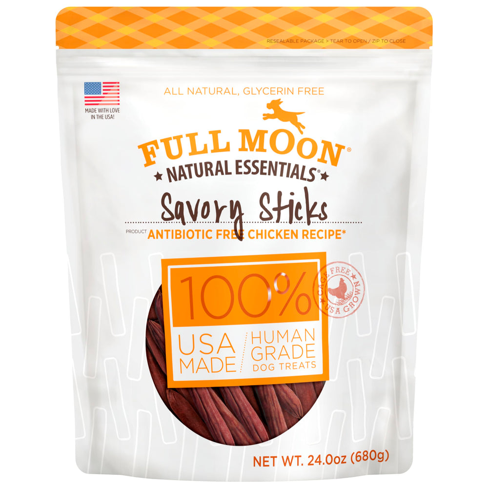 Full Moon Essential Chicken Savory Sticks pack showing human-grade ingredients for dogs