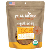 Full Moon Organic Chicken Jerky packaging highlights premium ingredients for dogs