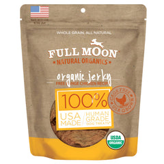 Full Moon Organic Chicken Jerky packaging highlights premium ingredients for dogs