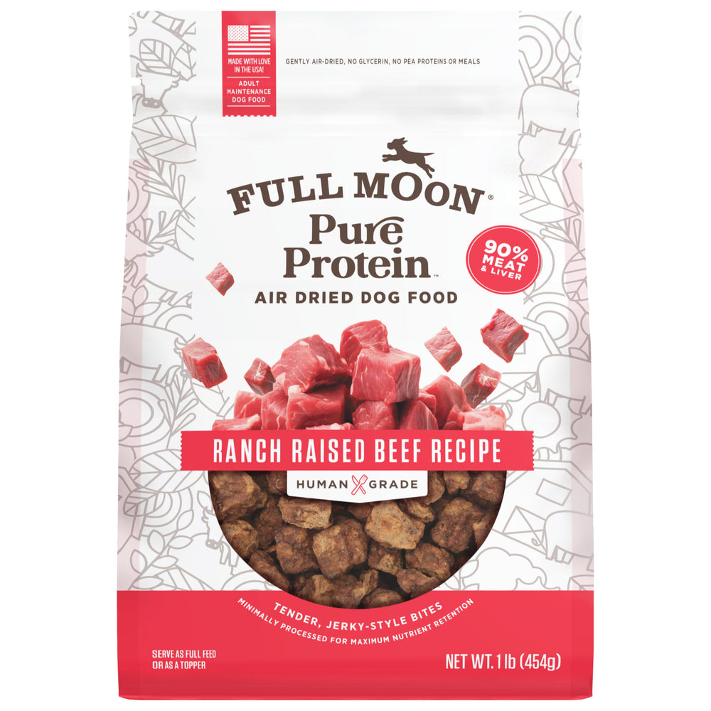 Full Moon Pure Protein air-dried dog food packaging highlights ranch-raised beef for trusted sourcing.