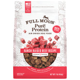 Full Moon Pure Protein air-dried dog food packaging highlights ranch-raised beef for trusted sourcing.
