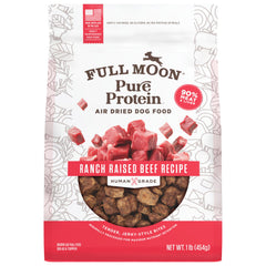 Full Moon Pure Protein air-dried dog food packaging highlights ranch-raised beef for trusted sourcing.