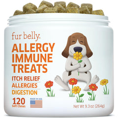 Fur Belly dog allergy relief chews packaging signaling daily support for itching