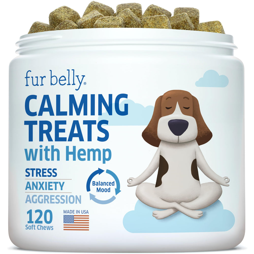 Fur Belly hemp calming chews dogs container promotes relaxation for anxious dogs during storms.