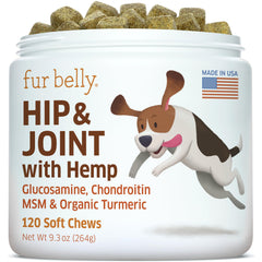 Fur Belly hemp hip joint dog chews bottle front for joint comfort.