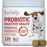Fur Belly Probiotics dog chews pack closeup, supports digestive balance.