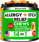 FURALAND Dog Allergy Relief Chews bottle demonstrates convenient daily use for itch relief.