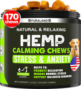 FURALAND hemp calming chews help a dog relax on the couch during a busy day