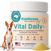 FurBound dog multivitamin powder in a jar with a scoop for daily canine wellness.