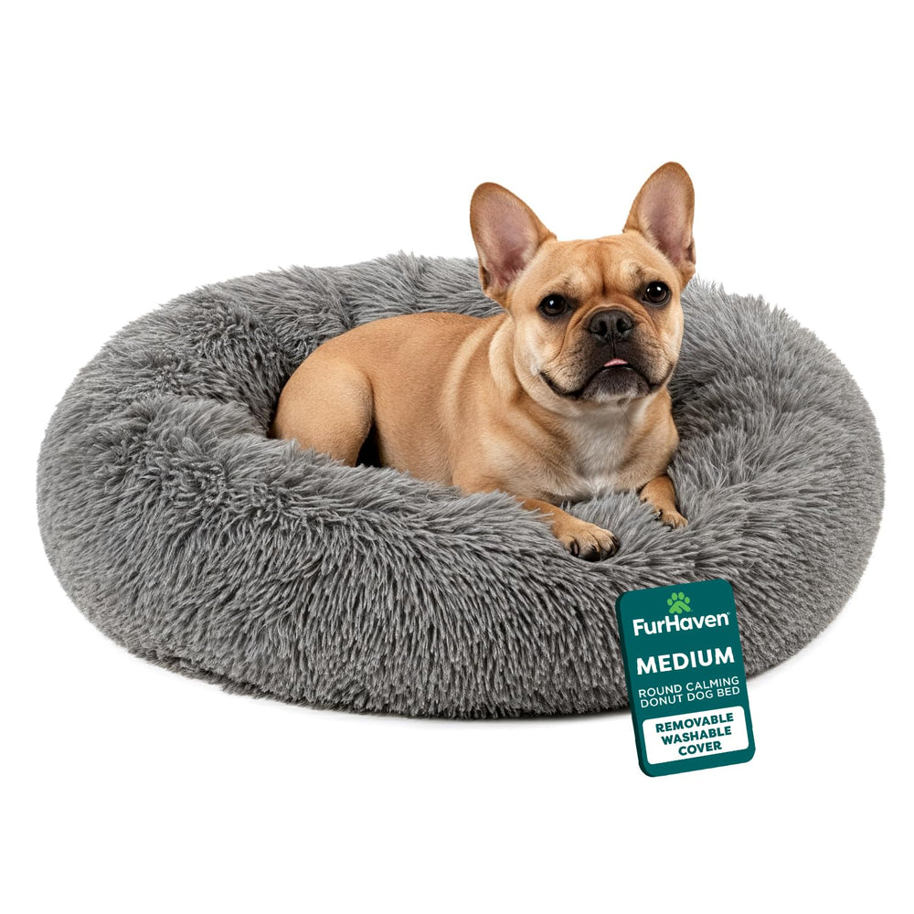 FurHaven 30-inch round calming donut bed in gray with cozy lounging space.