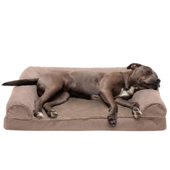 Furhaven orthopedic dog bed large Almondine cover closeup for secure, comfy lounging.