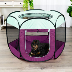 Furhaven playpen shows 360-degree mesh for airflow and visibility.