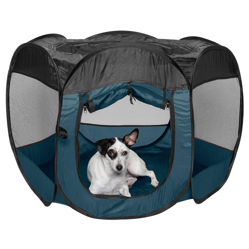 Furhaven Pop Up Playpen Sailor Blue ready for quick outdoor setup.