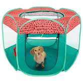 Furhaven portable dog playpen in green and pink shows 360-degree visibility for easy supervision.