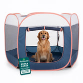 FurHaven portable dog playpen with mesh walls promotes airflow and visibility for calmer pets.