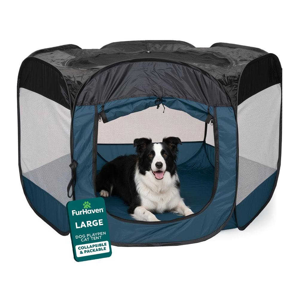 FurHaven portable playpen in pop-up setup for quick travel readiness.