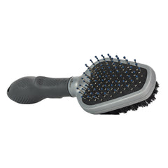FURminator Dual Grooming Brush with metal bristles detangles and removes loose fur.