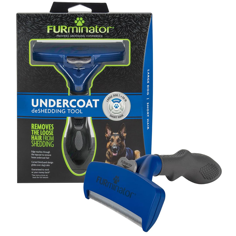 FURminator undercoat deshedding tool for large dogs with ergonomic handle reduces loose fur.