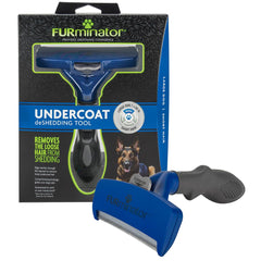 FURminator undercoat deshedding tool for large dogs with ergonomic handle reduces loose fur.
