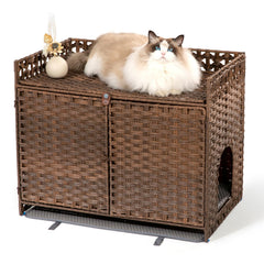 Furriends rattan litter box enclosure blends with decor and hides the litter area.