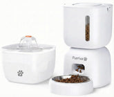 Furriva automatic feeder and water fountain on counter for convenient pet care.