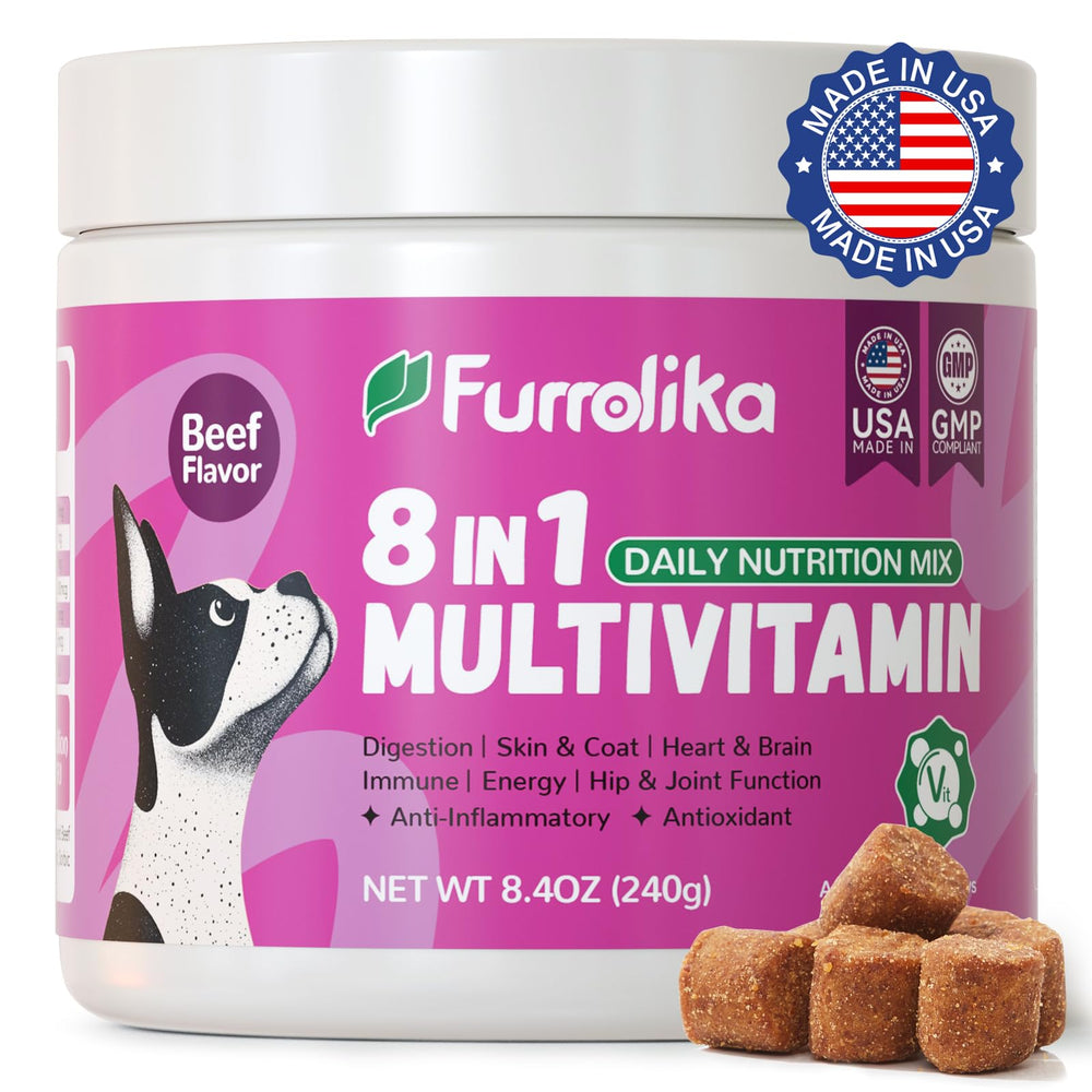 Furrolika dog multivitamin soft chews in bottle promoting daily wellness.