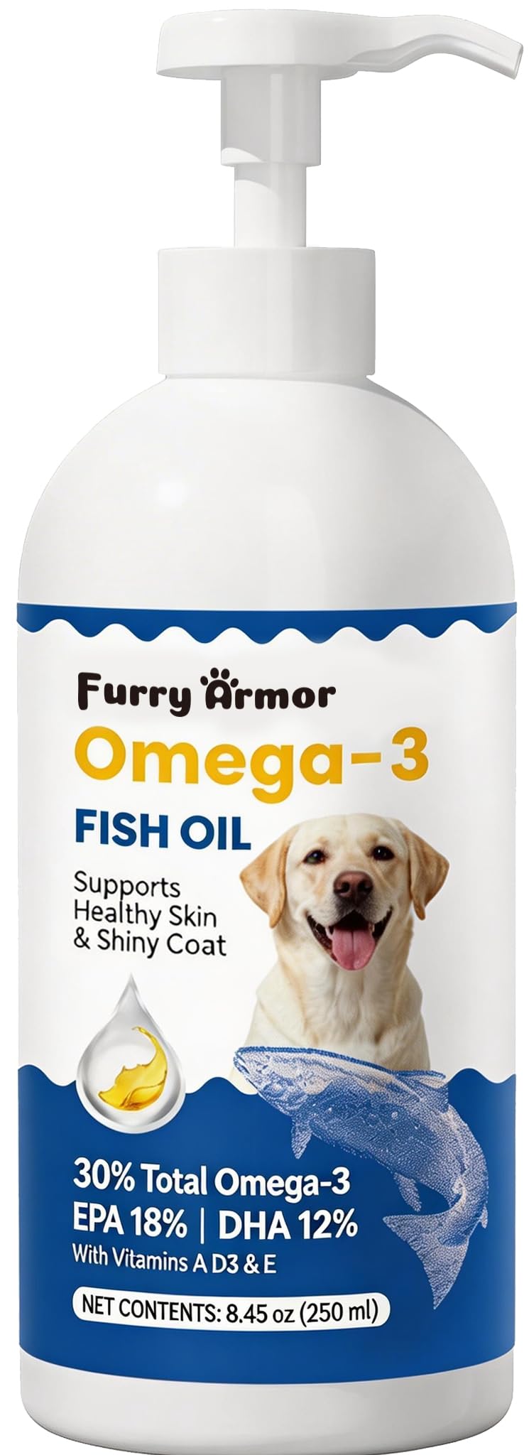 FURRY ARMOR omega3 bottle pour for dogs and cats supports daily omega intake.