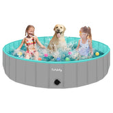 Furrybaby foldable dog pool in grey, side view showing sturdy MDF walls.