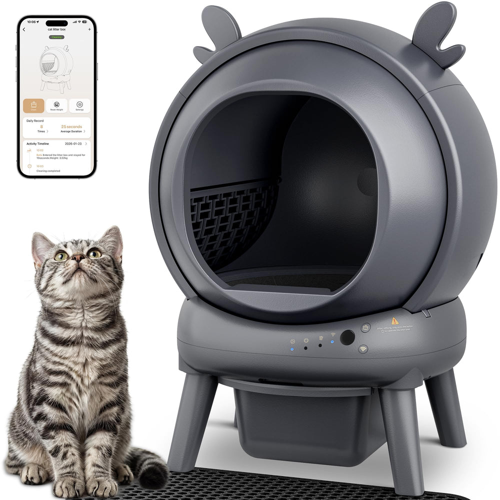 Furrykiddy automatic self-cleaning litter box with globe 65L keeps the area neat.
