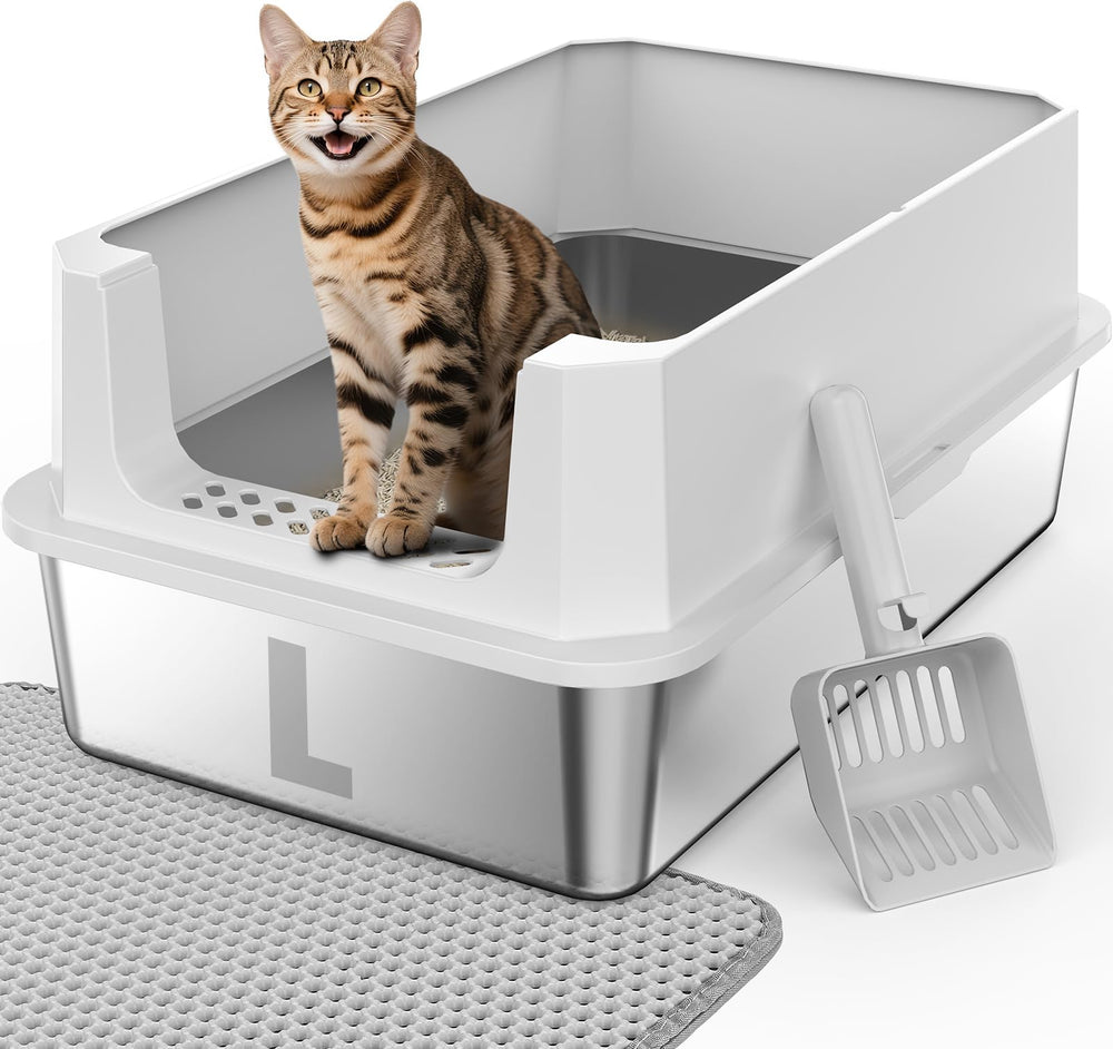 FURTIME stainless steel litter box with secured lid for mess containment.