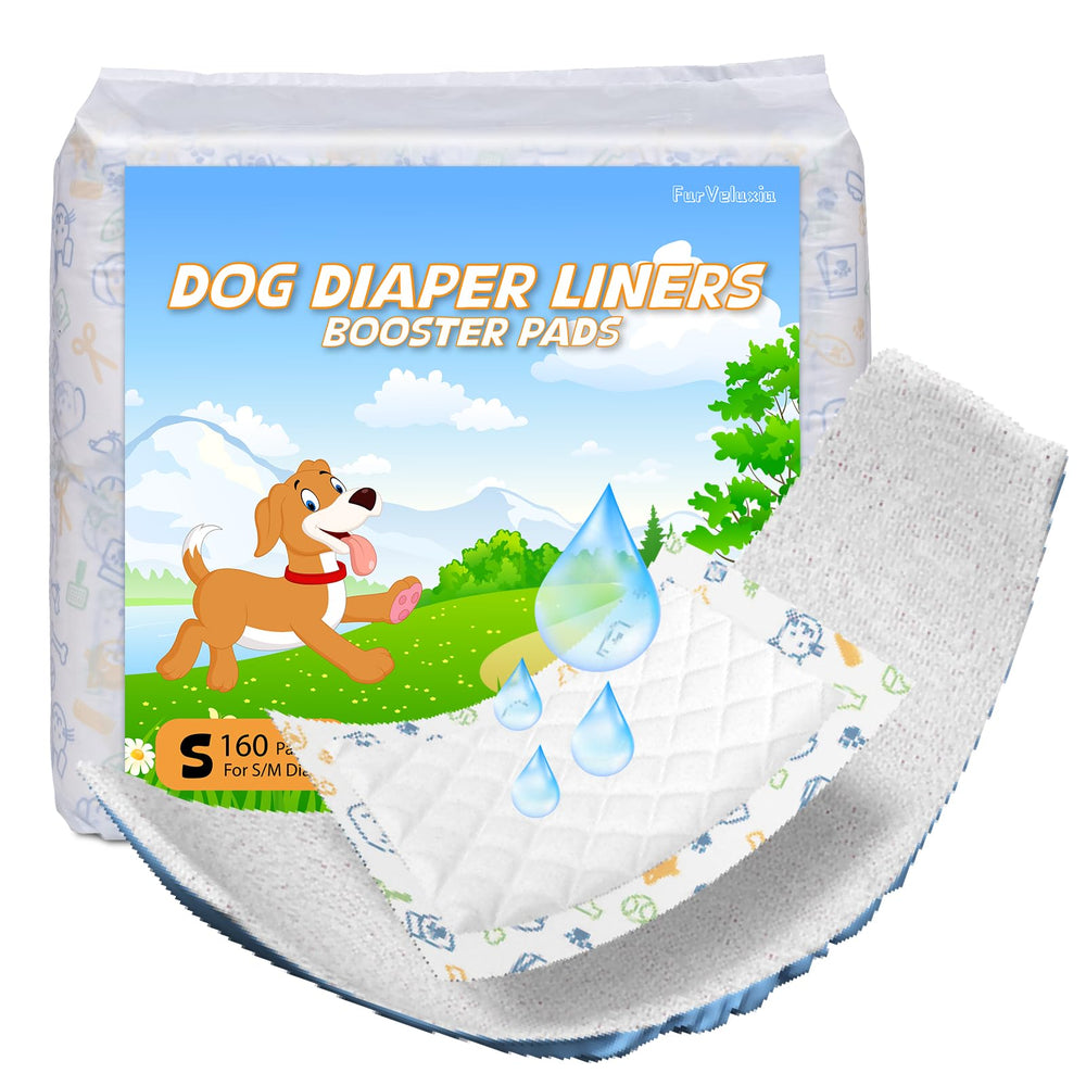 FurVeluxia dog diaper liner pack 100 count for extended wear and mess protection.