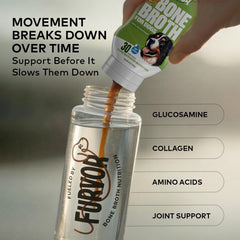 Furvor Bone Broth bottle as a dog enjoys a nutritious meal