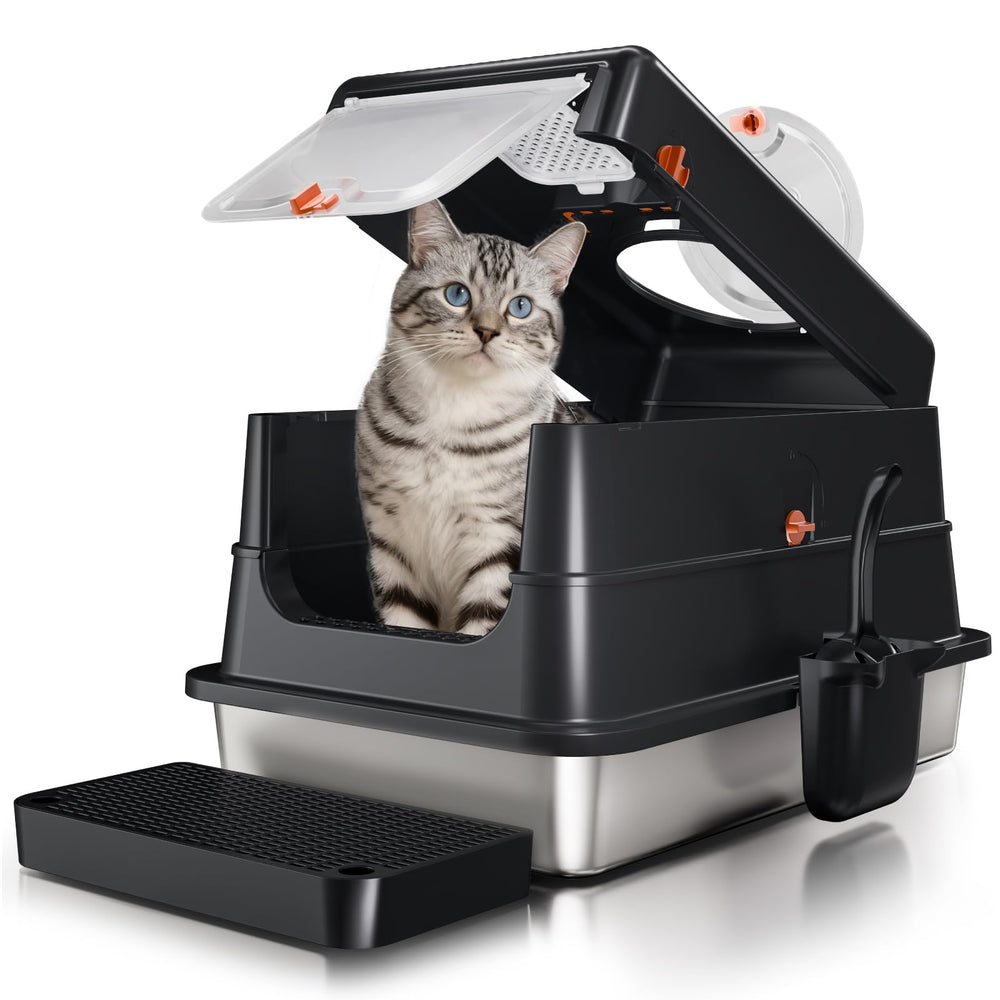 Fusblom stainless steel litter box with lid and flip-top for easy cleaning.