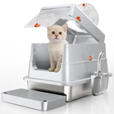 Fusblom stainless steel litter box with lid shows flip-top for easy cleaning