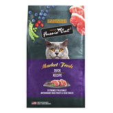 Fussie Cat Market Fresh Duck Recipe dry cat food bag showing protein first nutrition