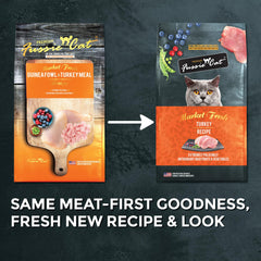 Fussie Cat Market Fresh first ingredient turkey; kibble highlights protein-forward nutrition.
