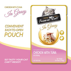 Fussie Cat Premium Chicken with Tuna in Gravy pouch closeup, showing tender morsels in gravy.
