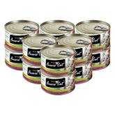 Fussie Cat Premium Tuna with Chicken cans stacked for protein-rich feline meals.