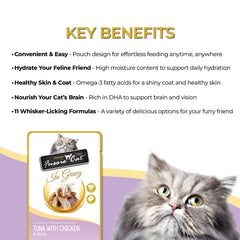 Fussie Cat Premium Tuna with Chicken in Gravy, served in a bowl for easy feeding and hydration