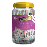 Fussie Cat puree treat tubes 50-count packaging, convenient for on-hand rewards.