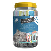 Fussie Cat Purée Treats 50-tube tub provides convenient, moisture-rich enrichment for cats.