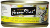 Fussie Cat tuna-anchovies-aspic can showing premium protein for cats.