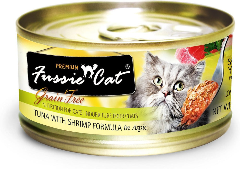 Fussie Cat Tuna & Shrimp can, rich in Omega-3 and Omega-6 for feline nutrition