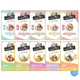 Fussie Cat variety pack with 10 flavors in convenient 2.47 oz pouches for easy feeding.