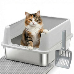 FUTAM stainless steel litter box with lid for easy, mess-free cleaning