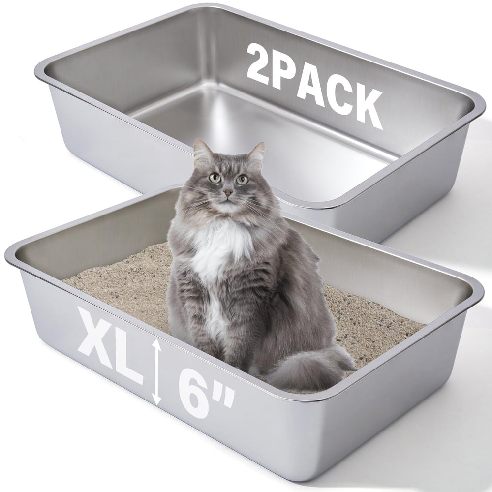 FUTAM two-pack stainless steel litter boxes with deep 6-inch sides for mess containment