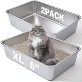 FUTAM two-pack stainless steel litter boxes with deep 6-inch sides for mess containment