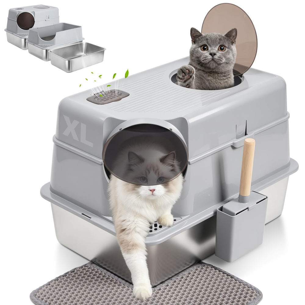 FUTAM stainless steel litter box with lid shows odor control and leak protection.
